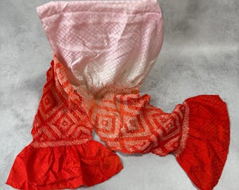 Japanese Silk Shibori Obiage – Vermilion Red to Pale Pink