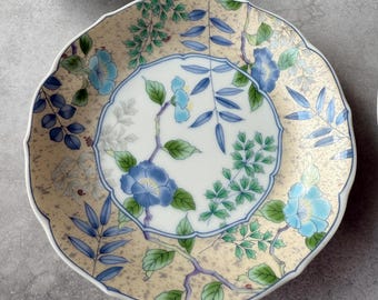 Set of 5 Mino Ware Plates by Kozan Kiln | Morning Glory & Gold Accent | 13.5cm Japan