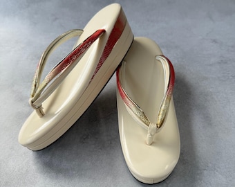 Vintage Japanese Zori 1960s | Ivory Platform Kimono Sandals | Sogo Kobe | Red Gold Strap | Formal Geta for Maiko or Wedding