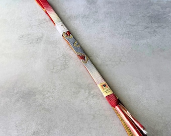 Japanese Silk Obijime, Kumihimo Kimono Cord – Red, Silver & Gold
