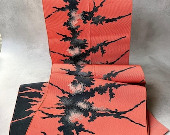 Japanese Coral Pink Abstract Hachisun Obi Fabric Bolt | Pre-Owned Rayon, 28.5 × 380 cm