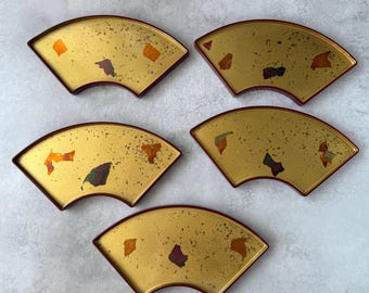 1970s Vintage Hakuhichi Kanazawa Gold Leaf Fan Shaped Plates Set of 5, Japanese Tableware