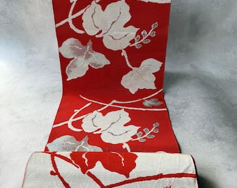 Antique Japanese Reddish Brown Ivy Leaf Hachisun Obi Fabric Bolt | Rayon, 28 × 388 cm
