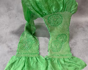 Japanese Silk Shibori Obiage – Bright Green with Floral Motifs