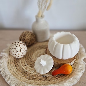 Peut inclure: Composition décorative avec un récipient blanc en forme de citrouille avec un couvercle, une petite courge orange et un dessous de plat tissé. Un petit vase avec des fleurs séchées et des boules décoratives en bois complètent l'ensemble.
