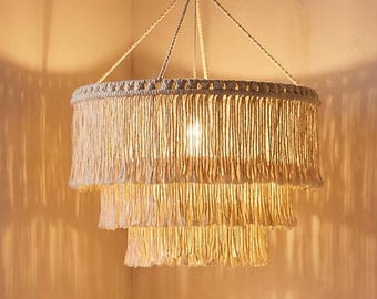 Lámpara colgante de macramé, pantalla de lámpara colgante de macramé, lámpara de techo bohemia de cuerda tejida, lámpara colgante con borlas, araña de macramé grande