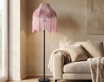 Pantalla de lámpara de terciopelo rosa con flecos, pantalla de lámpara estilo boho, pantalla de lámpara con borlas, pantalla colgante vintage para mesa o suelo, decoración de iluminación para dormitorio.
