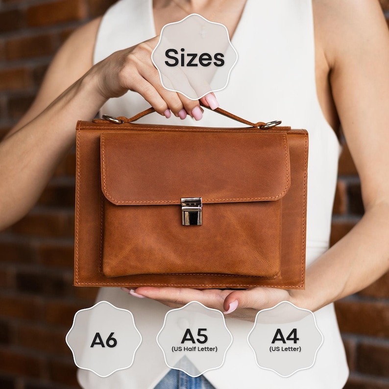 May include: A brown leather briefcase with a front pocket and a silver clasp. The briefcase has a handle and is shown with size options: A6, A5 (US Half Letter), and A4 (US Letter). The word "Sizes" is also displayed.