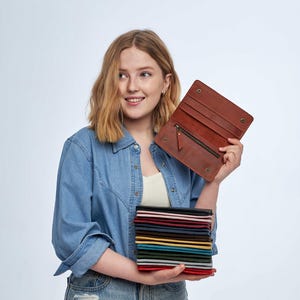 Cartera de cuero hecha a mano para mujer, Cartera larga plegable, Cartera de cuero larga, Cartera de cuero para mujer, Cartera larga delgada, Cartera plegable para mujer