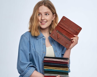 Cartera de cuero para mujer hecha a mano, Cartera delgada plegable, Cartera larga para mujer, Cartera de cuero personalizada, Regalo para su cartera, Cartera personalizada