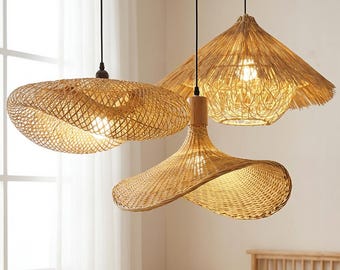 Pantalla de lámpara nórdica, lámpara colgante de ratán, pantalla de lámpara de bambú tejido, lámpara de techo bohemia, decoración de comedor Japandi