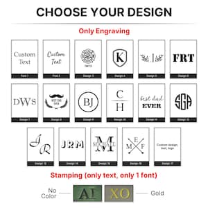 May include: Image showcasing design options for engraving and stamping. Designs include custom text, initials, logos, and various symbols. The text "CHOOSE YOUR DESIGN" and "Only Engraving" are visible at the top. The bottom section shows stamping options.