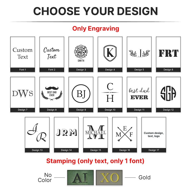 May include: Image showcasing design options for engraving and stamping. Designs include custom text, initials, logos, and various symbols. The text "CHOOSE YOUR DESIGN" and "Only Engraving" are visible at the top. The bottom section shows stamping options.