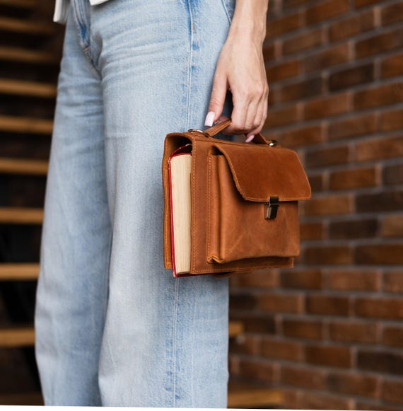 Leather book bag college, Book purse leather, Book lover gift, Leather book handbag, Book bag with strap, Leather book organizer