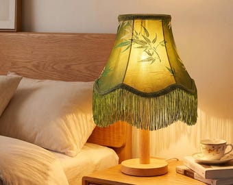 Pantalla de lámpara verde con hojas, pantalla de lámpara con borlas, pantalla de lámpara estilo bohemio, pantallas de lámpara cónicas, funda de tela para pantalla de lámpara, pantalla de lámpara barroca