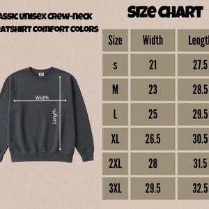 May include: A dark grey unisex crew-neck sweatshirt with a size chart. The chart shows measurements in inches for sizes S through 3XL. The text at the top reads "CLASSIC UNISEX CREW-NECK SWEATSHIRT COMFORT COLORS."