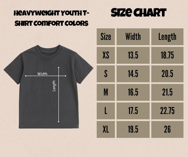 May include: A dark grey youth t-shirt with a size chart. The chart lists sizes XS to XL, with corresponding width and length measurements in inches. The text "HEAVYWEIGHT YOUTH T-SHIRT COMFORT COLORS" is at the top.