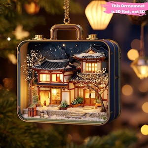 koreanische Hanok Weihnachtsverzierung, 2D flache Acrylverzierung, koreanisches Hausdekor, personalisierte Reiseverzierung, Feiertagsgeschenk, koreanischer Liebhabergeschenk