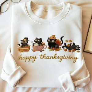 Geborduurd Black Cat-sweatshirt Happy Thanksgiving, shirt pompoenseizoen, herfsttrui Thanksgiving, schattig kalkoen, Thanksgiving-cadeaus