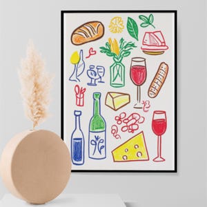 Wydrukuj Retro Stół Kolacyjny Ścienna Sztuka Jedzenie i Napoje Ilustracja Kolorowy Wystrój Kuchni Maksymalistyczny Plakat do Jadalni lub Baru