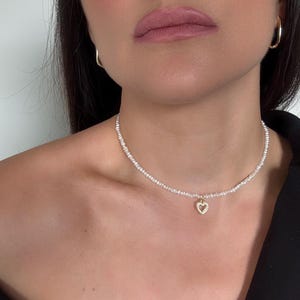 Pearl Necklace Heart Pendant, Pearl pendant necklace, Pearl choker necklace, Fresh water pearl choker, Bridesmaid necklace, Bridal Choker