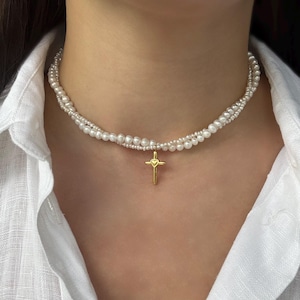 Double Pearl Necklace with Gold Cross Pendant, Religious Jewelry,  Gift for Mom, Religious Catholic Gifts, Christian Jewelry, Bridal Jewelry