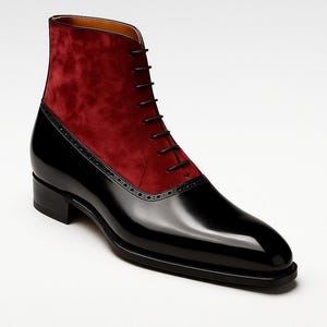 Men’s Handmade Black Oxford Leather & Red Suede Ankle-High Lace-Up Boot – Classic Formal Dress Boot