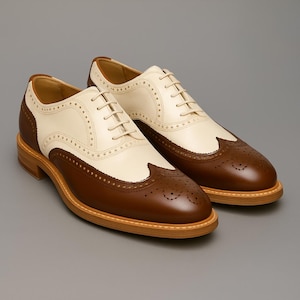 Men&#39;s Handmade Two-Tone Oxford Dress Shoes – Cream & Dark Brown Brogues