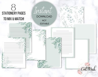 Eucalyptus Printable Stationery Set US Letter and A4 Size | Instant Download Stationery Paper Pack | Lined and Unlined