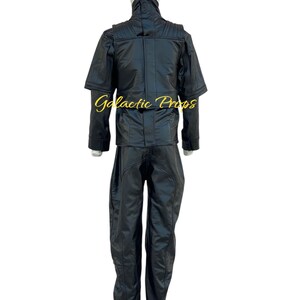 May include: Black costume with a high collar and matching pants. The outfit is displayed on a mannequin. The text "Galactic Props" is visible on the jacket. The costume appears to be made of a shiny, possibly leather-like material.