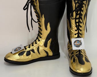 Black Gold Wrestling Boots for Men, Handmade Leather Flame Lace Up Boots, Pro Wrestling Footwear, Custom Ring Boots, Combat Style