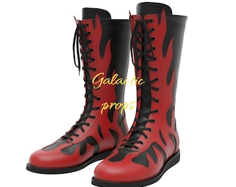 Handmade Leather Flame Wrestling Boots – Red Black Custom Ring Shoes