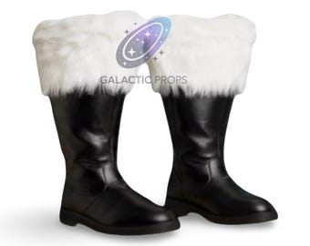 Black Leather Santa Boots | White Plush Cuff Christmas Cosplay Shoes | Handmade Holiday Costume