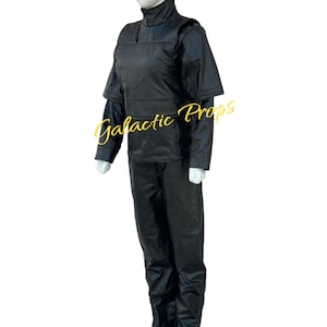 May include: A black costume displayed on a mannequin. The outfit includes a high-collared top with shoulder accents, long sleeves, and matching pants. The text "Galactic Props" is visible on the image.