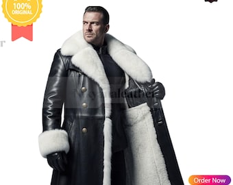 May include: A black leather coat with a white fur collar and cuffs. The coat has a double-breasted design with gold buttons and a white fur lining. The coat is labeled "100% Original".