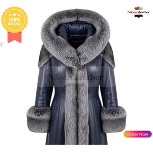 May include: A navy blue leather coat with a fur-lined hood and cuffs. The coat features a long, tailored design with a button-up front. The fur trim is a light gray color, and the coat has a label that reads "Royal Port". A gold seal with "100% Original" is in the upper left corner.