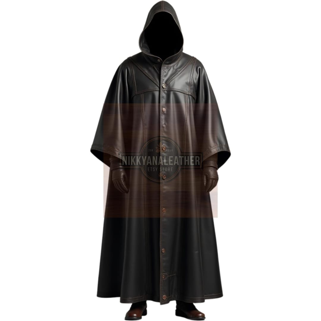 Handcrafted Black Leather Cloak: Button-down Hooded Coat - Etsy