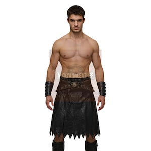 Handcrafted Black Leather Warrior Kilt with Intricate Belt and Arm Bracers