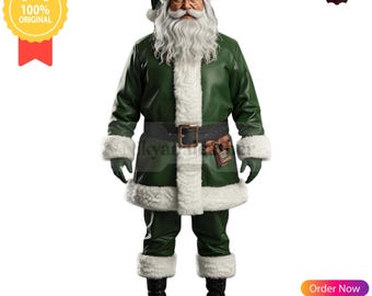 May include: A green Santa Claus costume with white faux fur trim. The outfit includes a jacket, pants, hat, and gloves. The belt has a large gold buckle. The image includes a "100% Original" badge.