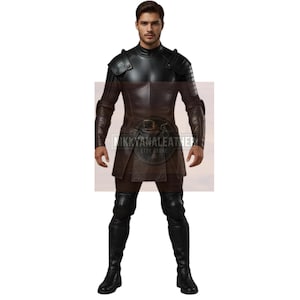 Conjunto de armadura de guerrero de cuero negro para hombre: traje medieval de cosplay con falda con cinturón