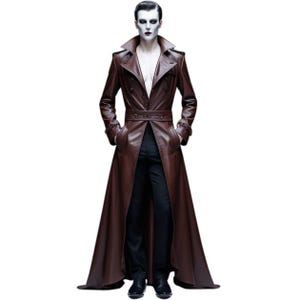 Long Brown Leather Trench Coat - Full-Length Leather Duster Coat - Classic Leather Trench with Belt - High-Collar Leather Coat