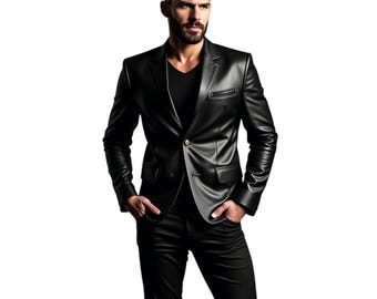 May include: A black leather blazer with a single gold button closure, paired with matching black pants and a black v-neck shirt. The blazer features a notched lapel and a chest pocket. The outfit is sleek and modern.