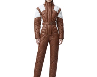 Quilted Genuine Leather Jumpsuit with Belt, Brown Padded Winter Fashion One Piece Outfit