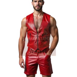 Handmade Men’s Red Leather Vest and Shorts with Belts – Bold  and Striking Ensemble