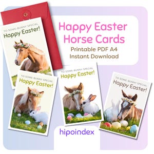 Cartões de Feliz Páscoa com Cavalos para Imprimir | Conjunto de Saudações Fofas para Pôneis para Crianças e Amantes de Cavalos | Download Instantâneo em PDF