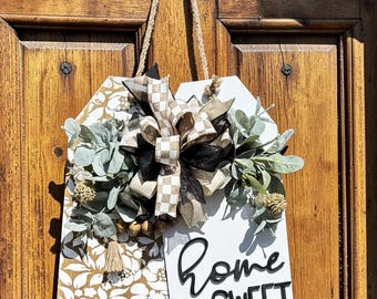 Letreros colgantes florales "Hogar dulce hogar" / Etiqueta colgante floral para puerta / Letrero de porche estilo casa de campo / Decoración rústica para la entrada / Letrero de puerta con plantilla hecha a mano