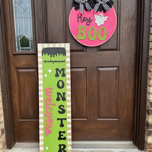 Halloween Custom Made Front Porch Wood Sign and Door Hanger | Hey Boo Door Hanger | 3D Halloween Sign | Monsters Welcome Porch Sign