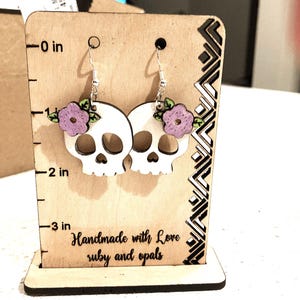 Skulls and Flowers Earrings | Sugar Skull Earrings | Handmade Earrings | Wood Earrings | Halloween Earrings | Dangle Earring | Skeleton