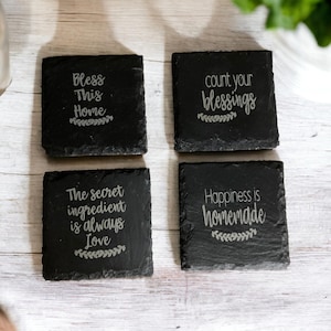 Engraved Slate Coasters | Drink Coasters | Slate Coasters Set of 4 Different Designs | Housewarming Gift | Wedding Gift | Hostess Gift
