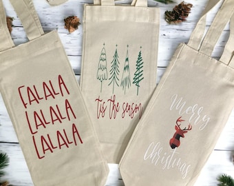 Bolsas de vino navideñas / Bolsa de vino con asas / Bolsa de vino de algodón / Bolsa de vino personalizada / Bolsa de regalo de vino / Bolsa de vino navideña / Regalo de amigo secreto